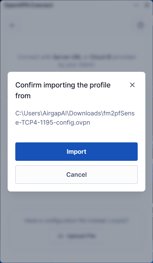 OpenVPN Connect after selecting the .ovpn file — confirm the import.