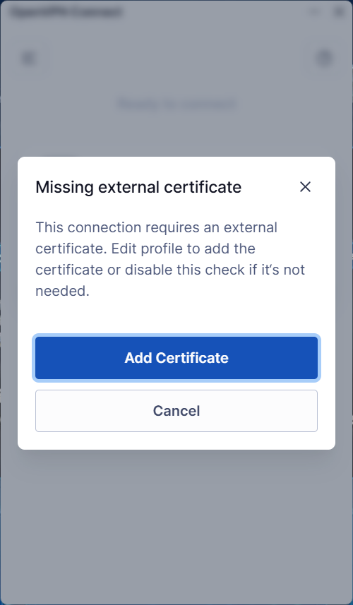 The Missing external certificate dialog with Add Certificate and Cancel.