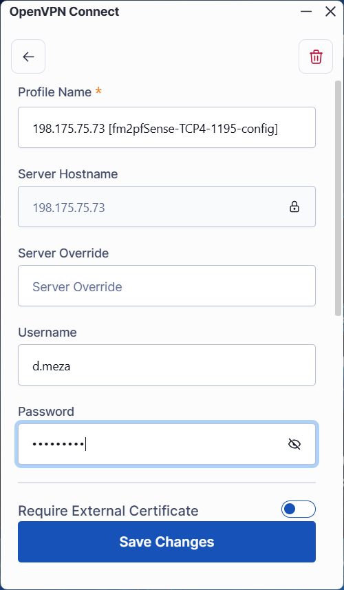 The Edit profile screen — Username, Password, Require External Certificate toggle, and Save Changes.