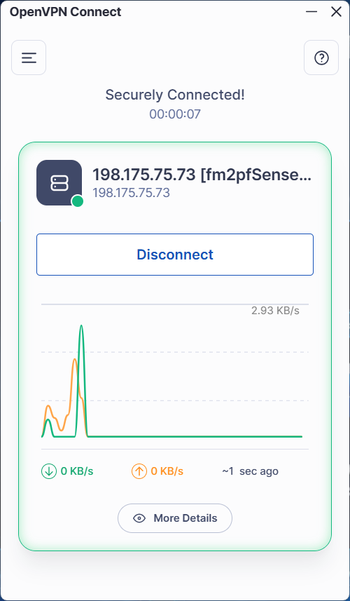 OpenVPN Connect showing Securely Connected — green dot, a session timer, and a Disconnect button.