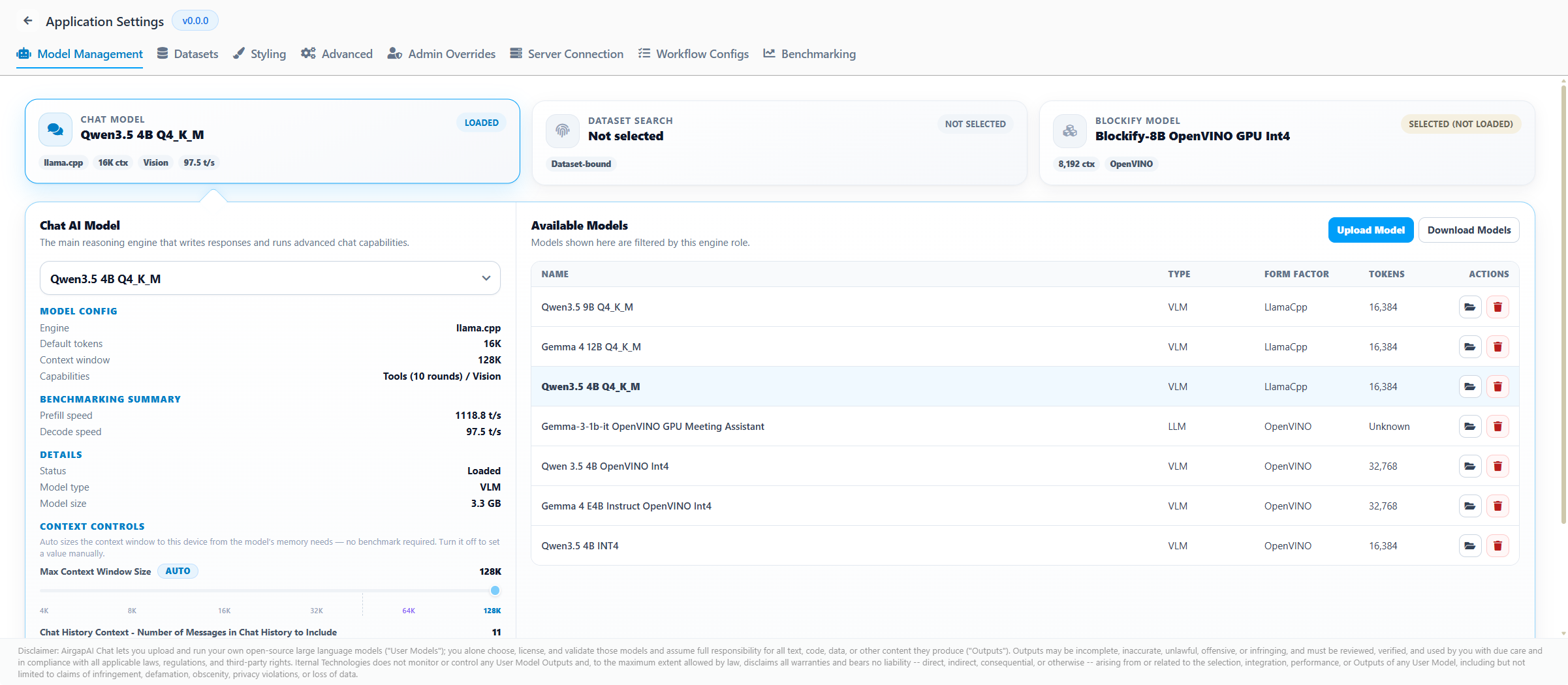 Settings → Model Management, where you choose the active Chat AI Model.