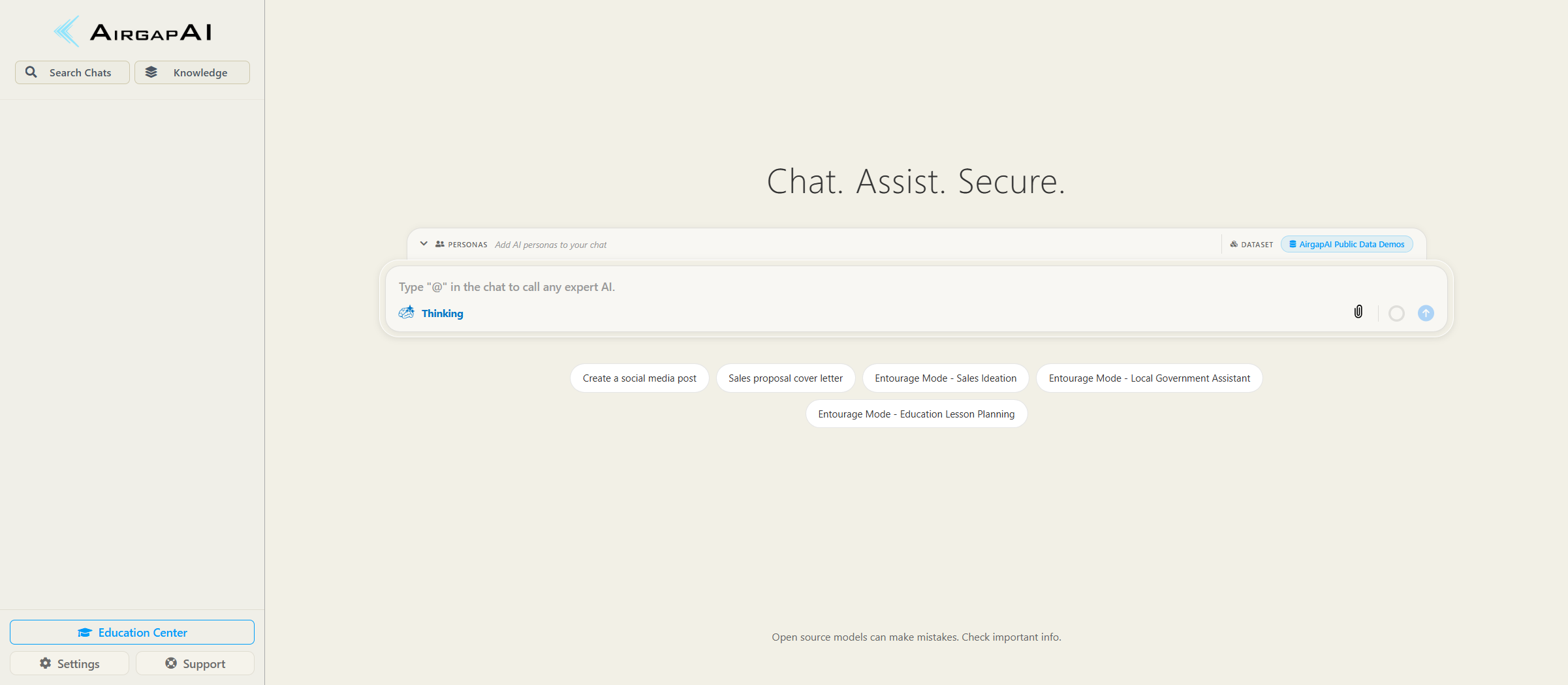 The AirgapAI home screen; Settings is at the bottom-left of the sidebar.
