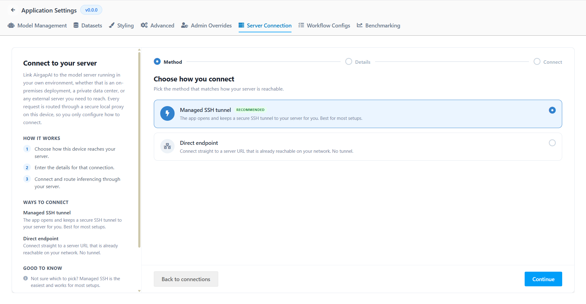 The "Choose how you connect" step with two options — Managed SSH tunnel (Recommended) and Direct endpoint.