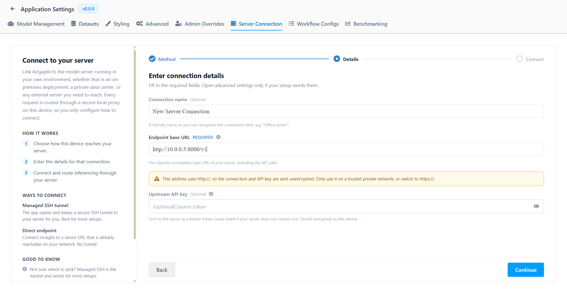 The Direct endpoint details form — Connection name, the required Endpoint base URL (with the http:// notice), and the optional Upstream API key.
