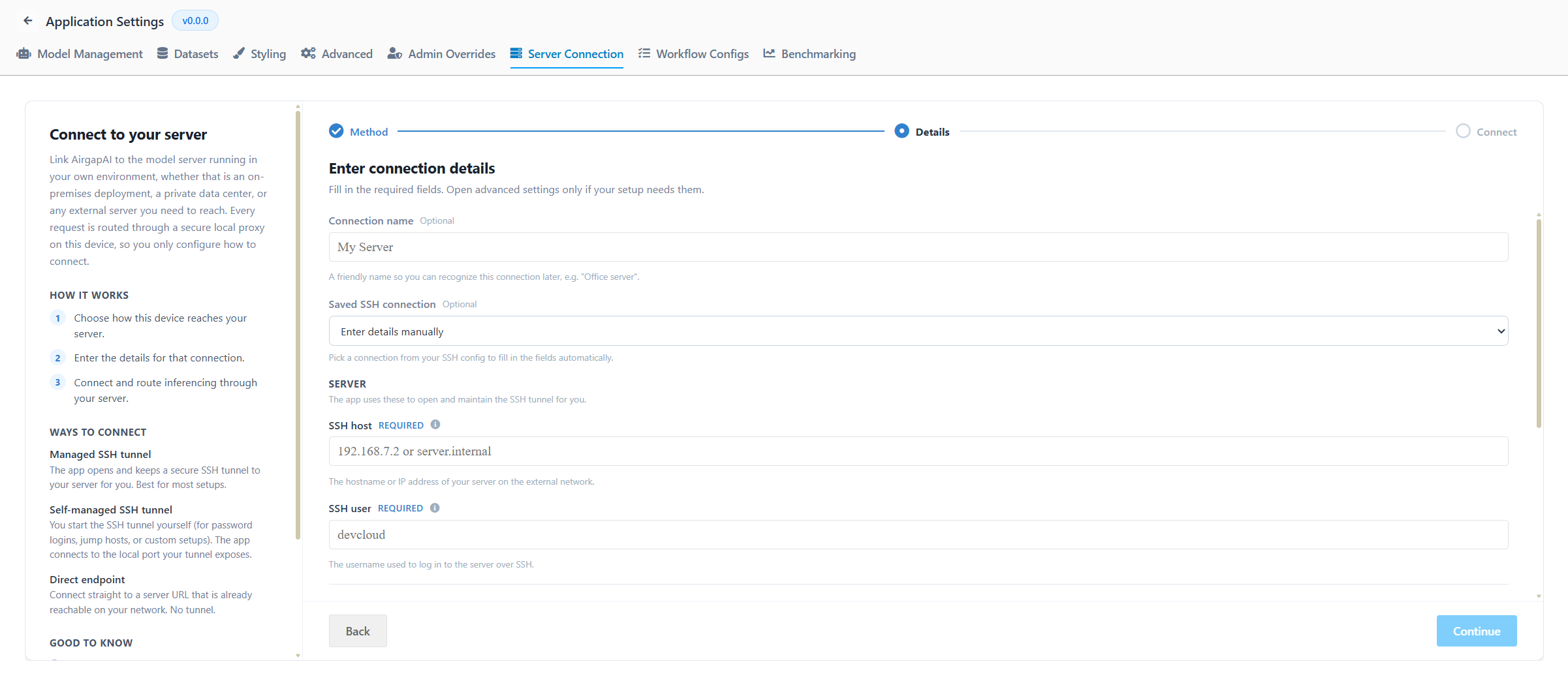 Managed SSH tunnel details form with empty SSH host, user, and password fields.