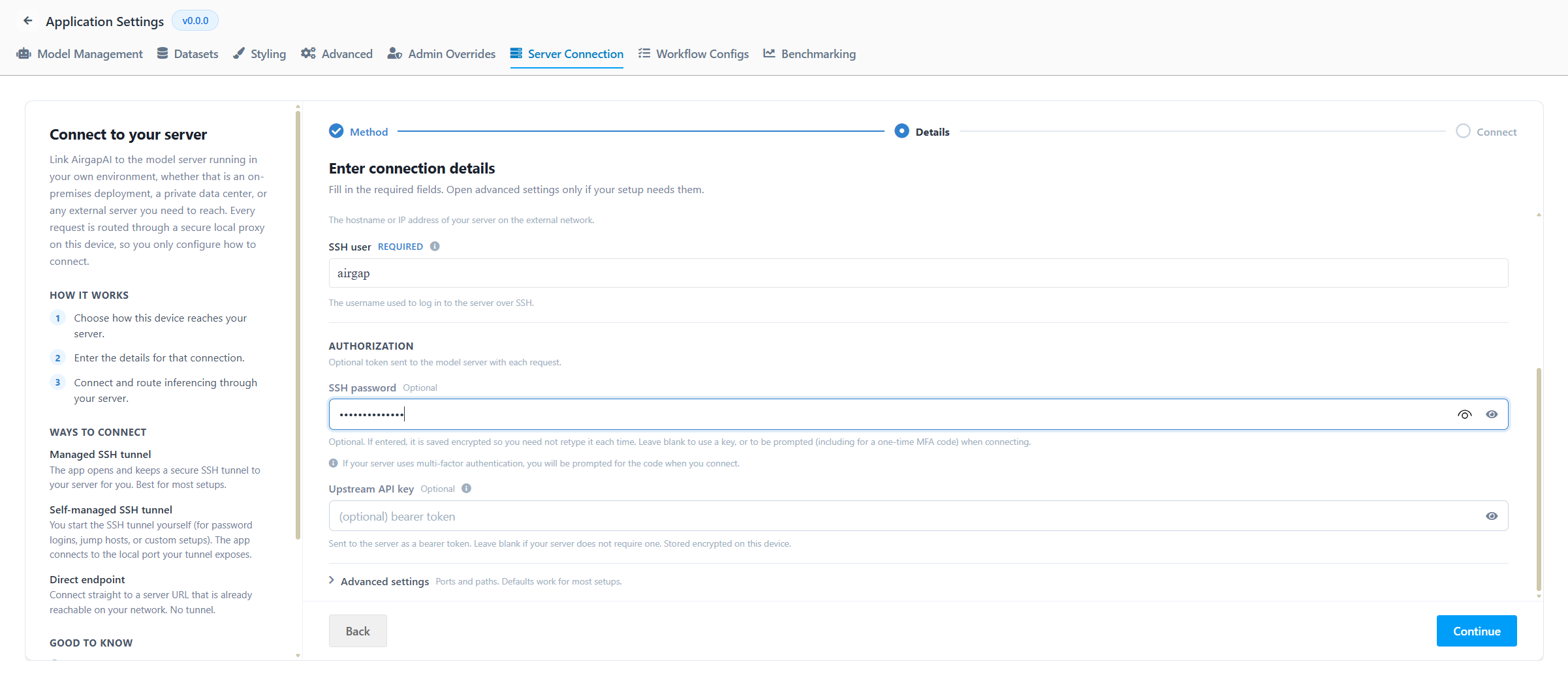 Details form filled in with connection name, SSH host, SSH user, and password hidden.