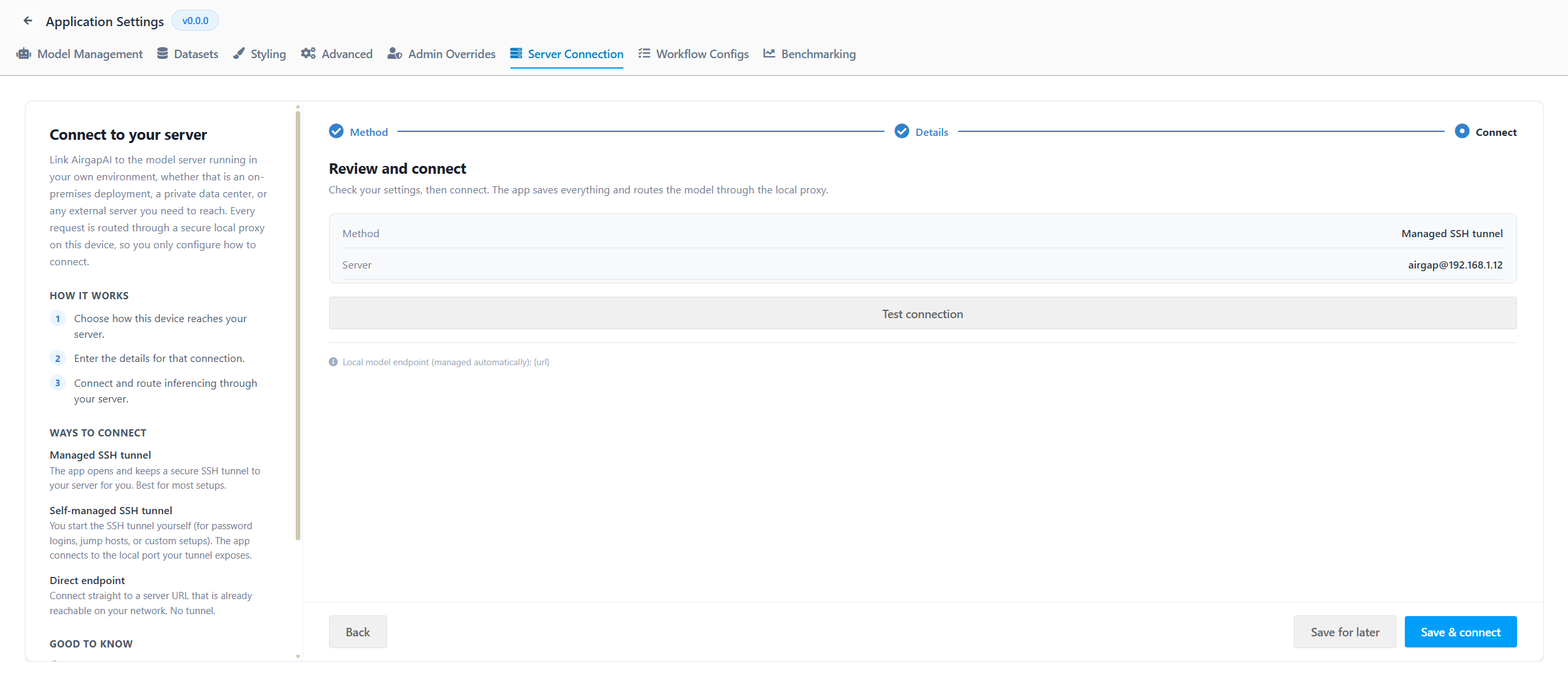 Review and connect screen showing method, server summary, Test connection, and Save buttons.