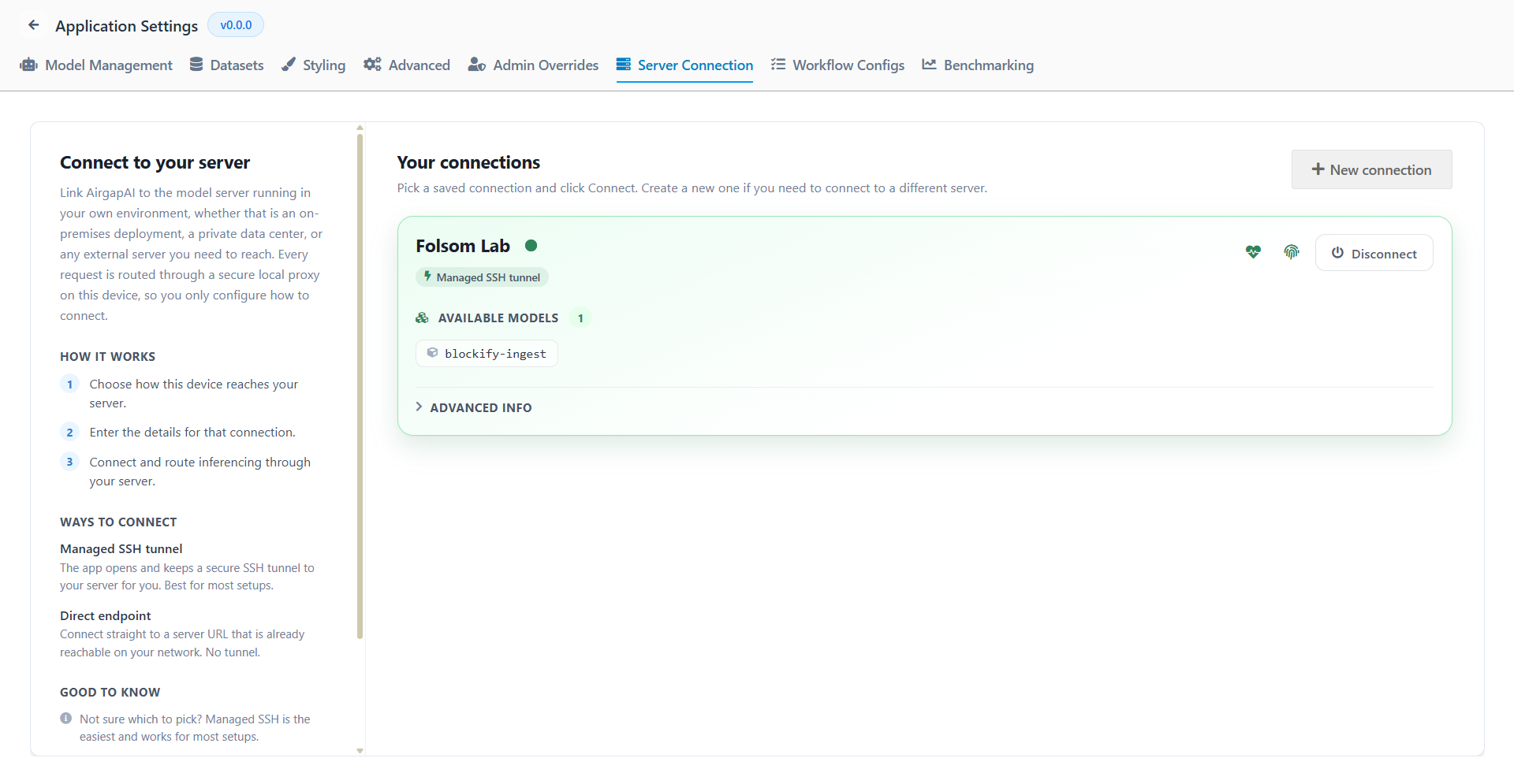 The Connected dashboard: a connected profile (green dot), its available models, and a Disconnect button.