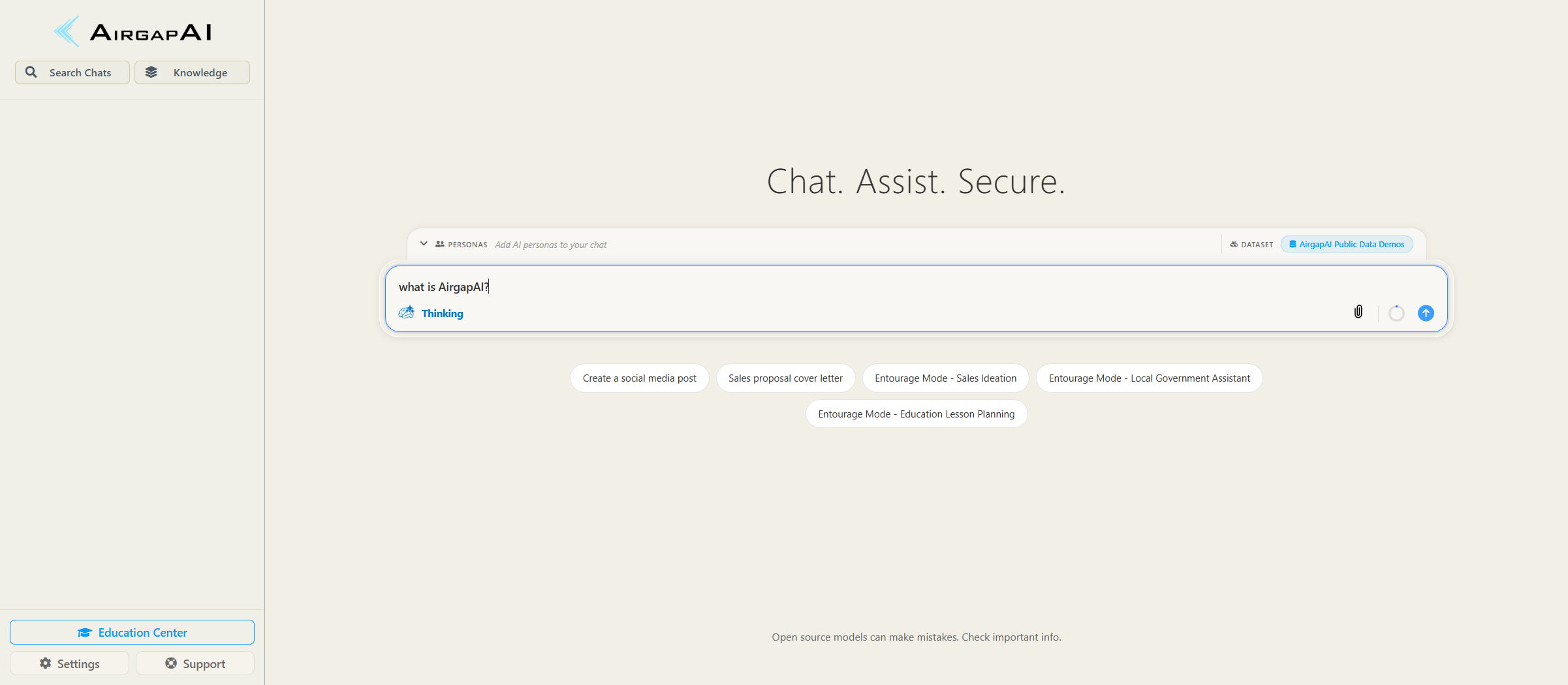 A new chat with "what is AirgapAI?" typed in the input, ready to send.