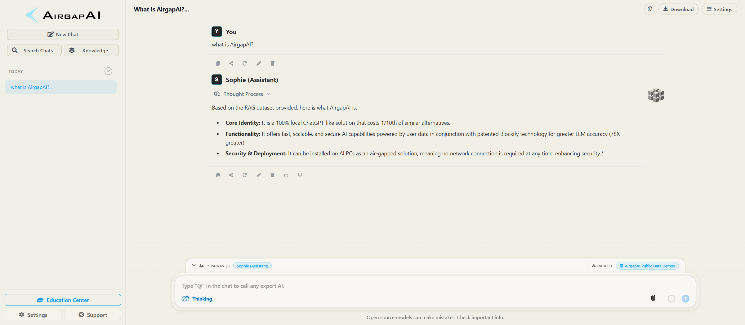 The assistant's response to "what is AirgapAI?", grounded in the active dataset, with a collapsible Thought Process.