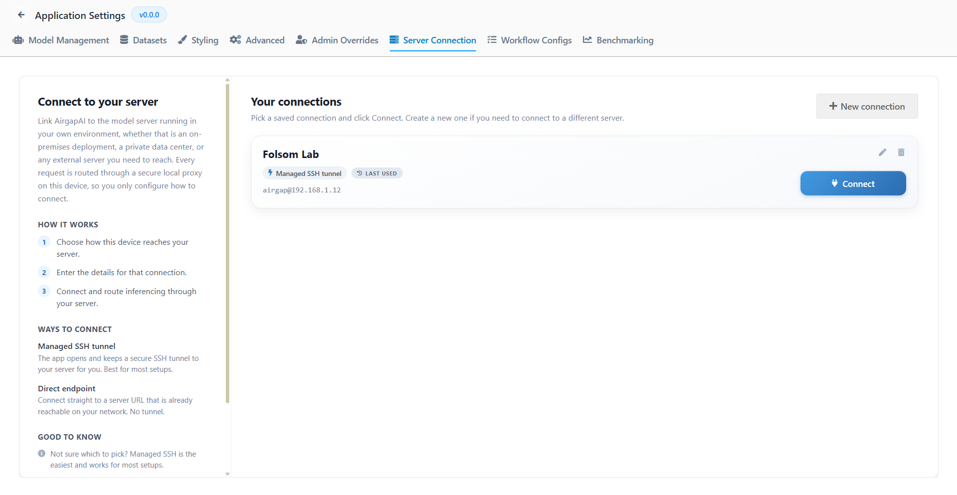 The Server Connection tab — the "Your connections" panel with the New connection button (top-right).